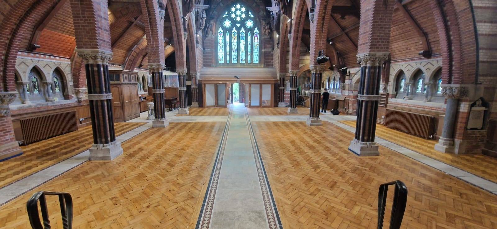 Restored parquet flooring in historic Lyndhurst church