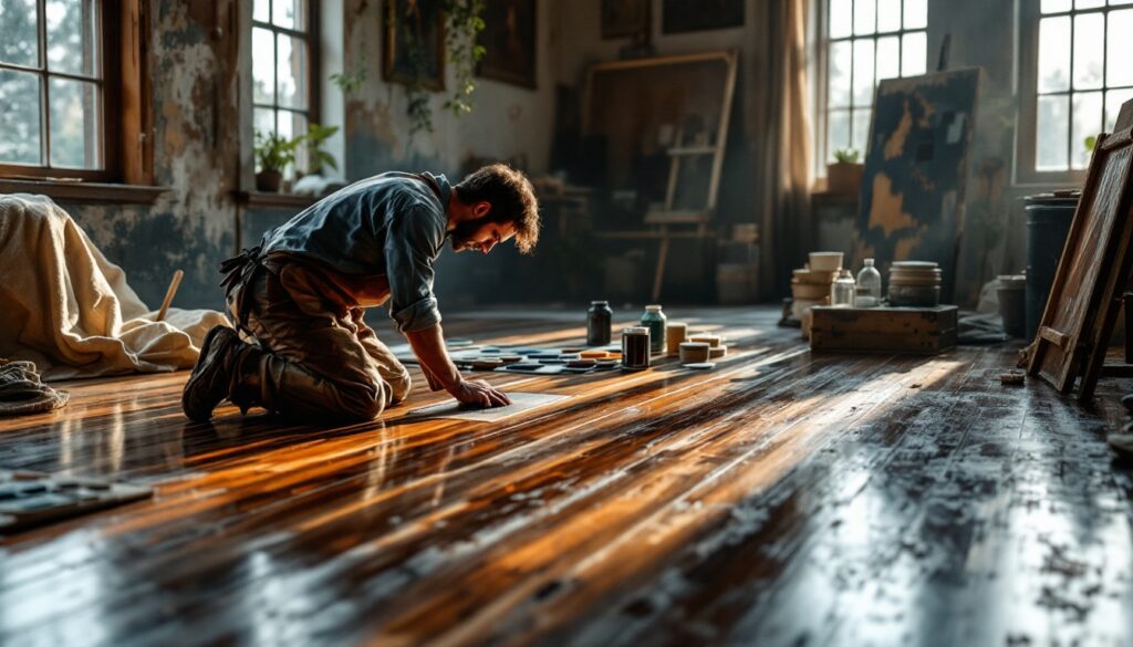 A serene, museum-like scene depicts a skilled artisan kneeling on a partially stained hardwood floor that mirrors the artistry of a Renaissance masterpiece. The craftsman, dressed in paint-splattered artist's attire including a canvas apron and rolled sleeves, delicately applies dark walnut stain with the precision of a painter, using a fine natural-bristle applicator that echoes an artist's tool. Soft, directional gallery-style lighting illuminates the dramatic transformation, where the floor transitions from bare sanded wood to rich, lustrous tones that reflect like aged oil paintings. A thoughtfully arranged collection of stain samples, testing blocks, and application tools rests on a painter's palette, suggesting the artistic nature of the selection process. Surrounding the workspace, carefully positioned drop cloths drape like gallery curtains, while a wood grain testing board displays various sample strips of stain, organized like color swatches in an artist's studio. The afternoon light streaming through tall windows creates a cross-hatch pattern on the floor, highlighting the deep, museum-quality finish emerging from each careful brushstroke. A leather-bound notebook lies open nearby, filled with hand-drawn grain patterns and stain formulas, emphasizing the methodical, artistic approach to the transformation.