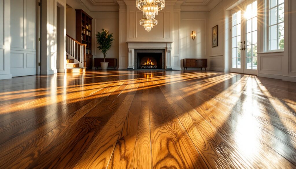 Elegant living room with gleaming hardwood floors reflecting dramatic sunlight streaming through windows