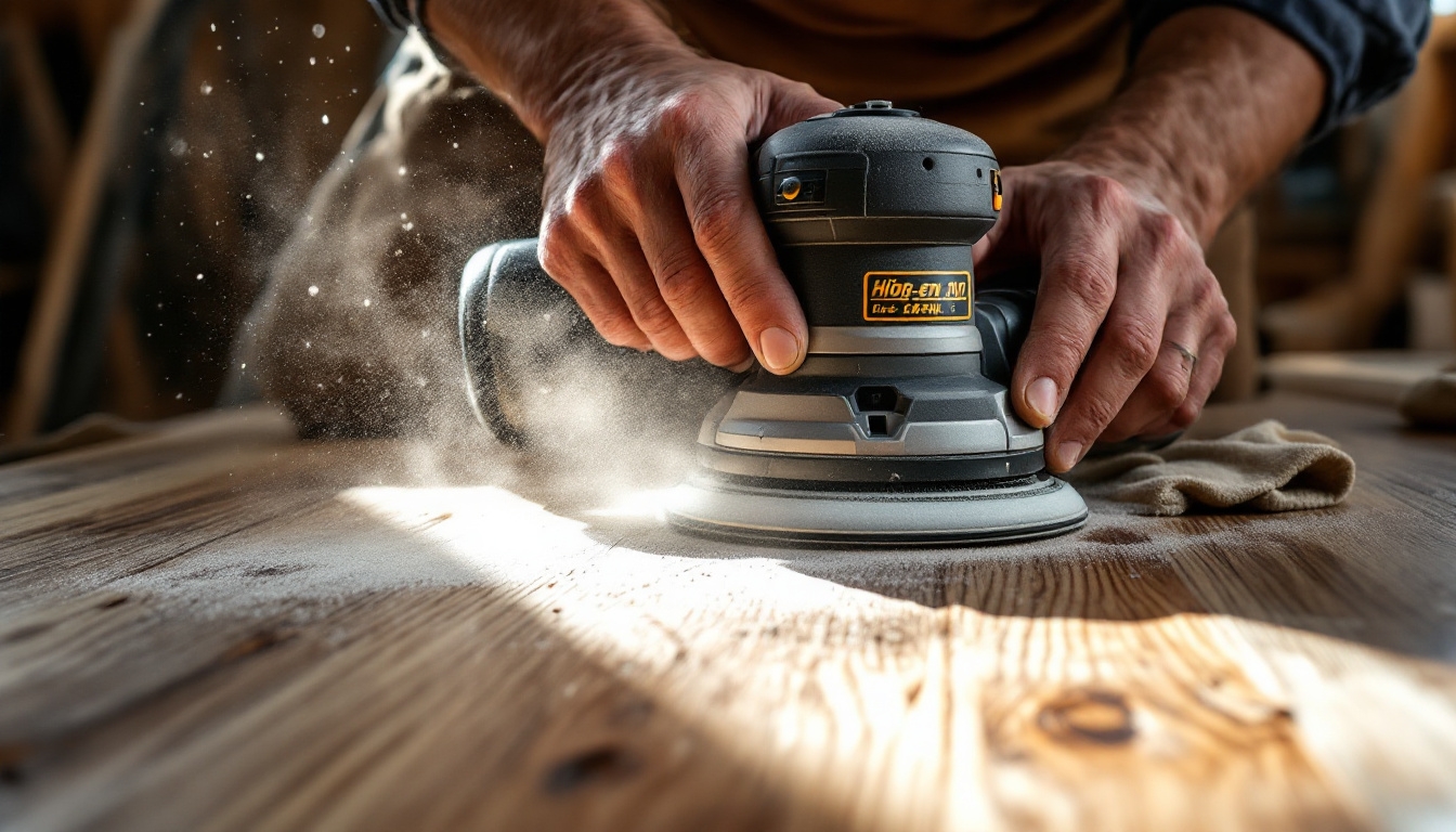 Close-up of hands using an orbital sander on wooden surface with sawdust visible in sunlight