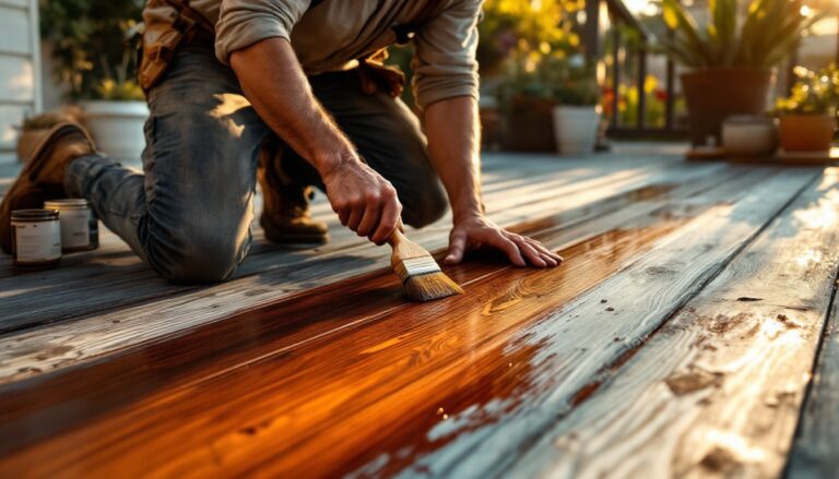 Craftsman applying wood stain to floorboards, showing contrast between treated and untreated wood