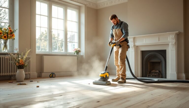 Professional using a floor steamer on wooden floorboards in a period room with fireplace