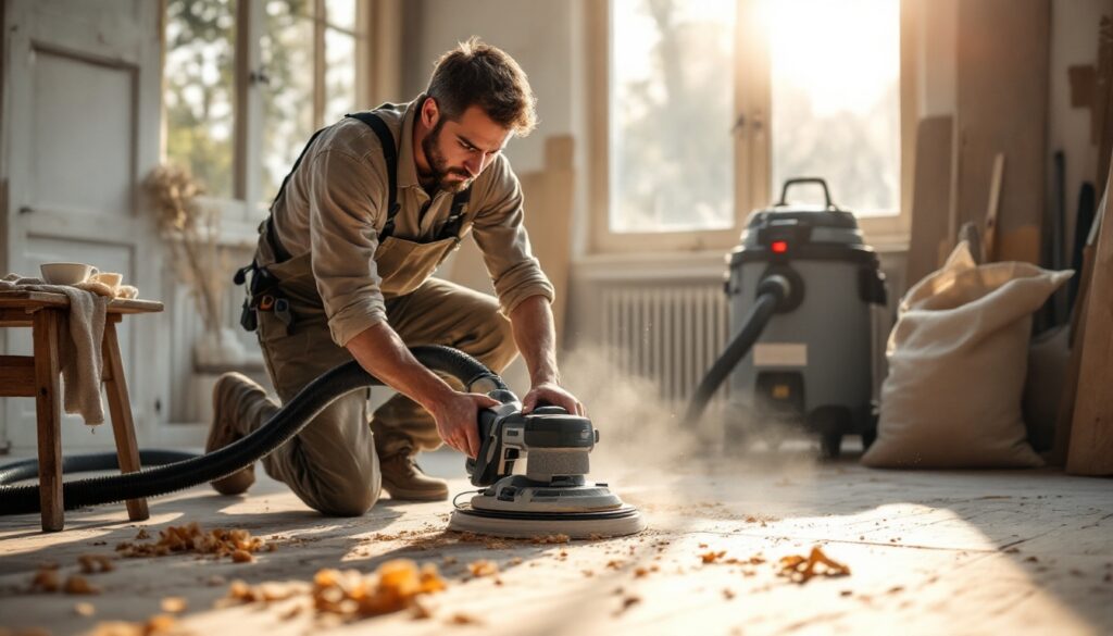 Professional floor sander using orbital sander with vacuum attachment on wooden floor