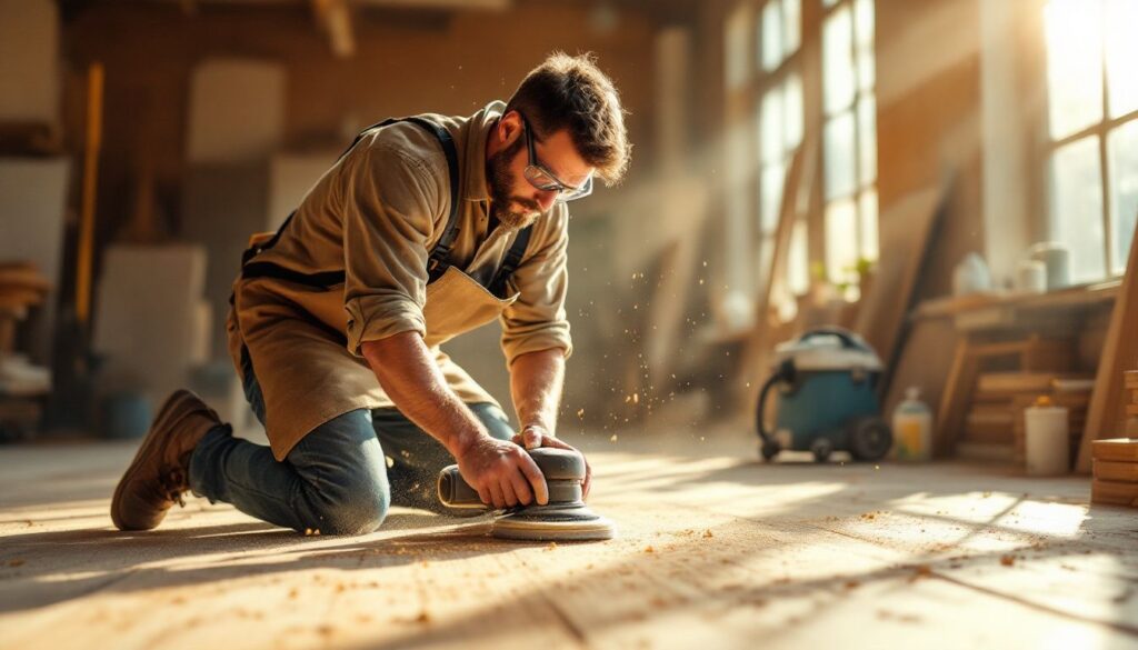 Craftsman sanding wooden floor with orbital sander in warm sunlight