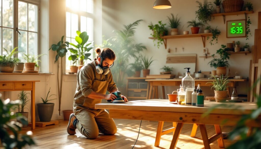 Craftsman sanding a wooden table in a sunlit room filled with houseplants