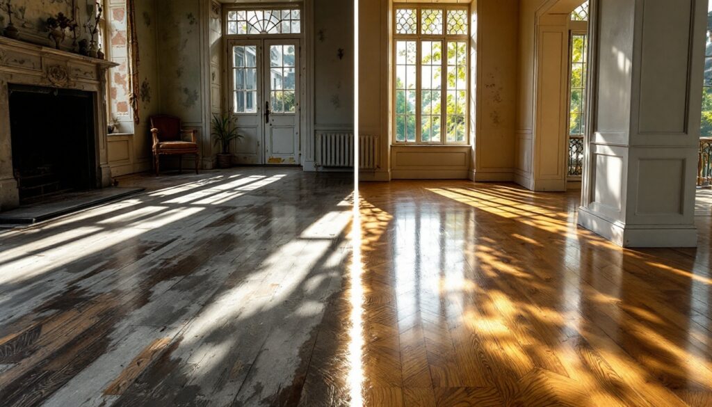 Split image comparing worn hardwood floor against restored flooring in a period room