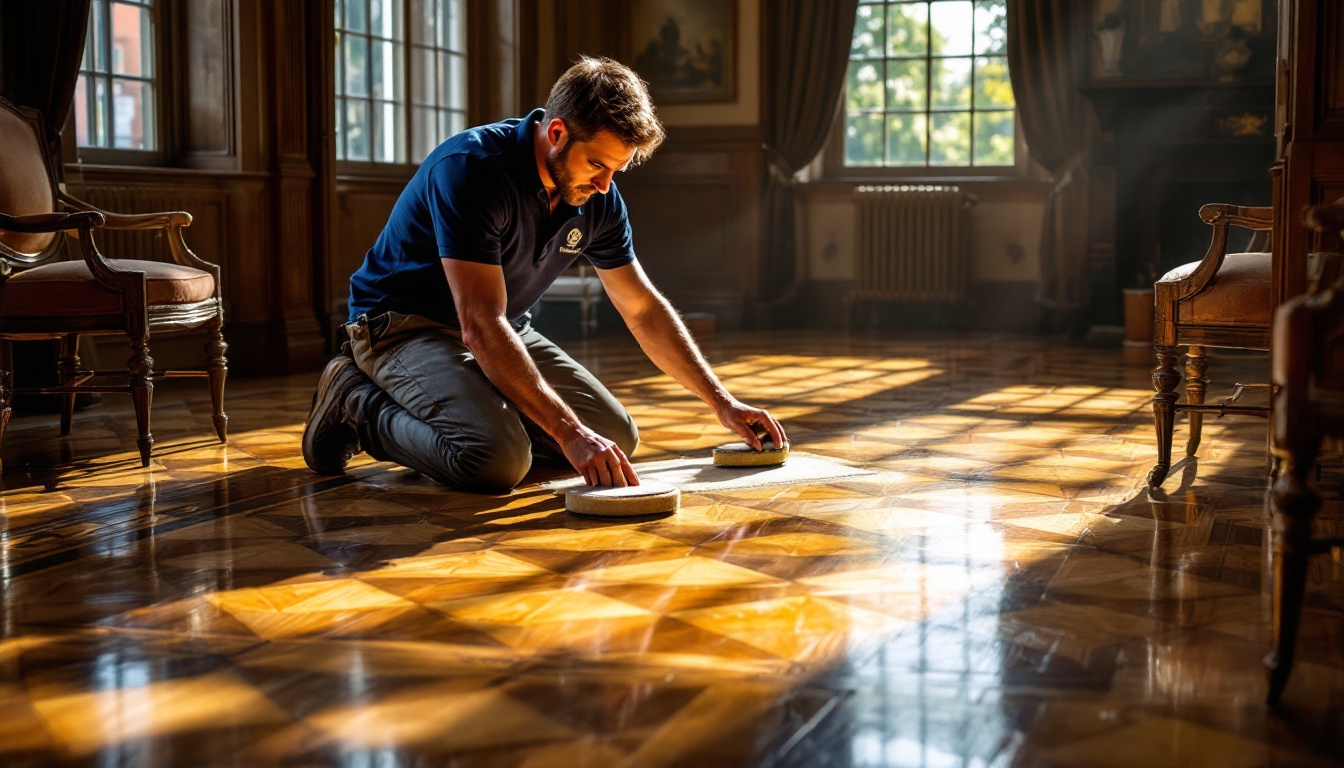 Professional floor restorer polishing a parquet floor in a period room with dramatic sunlight