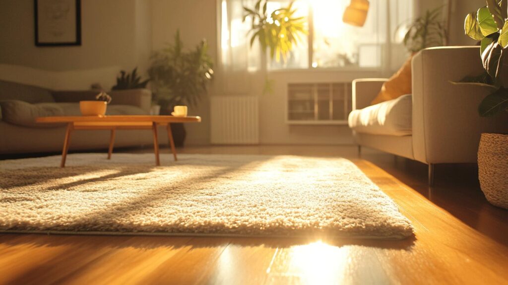 Modern living room with white carpet on hardwood floor illuminated by warm sunset light 