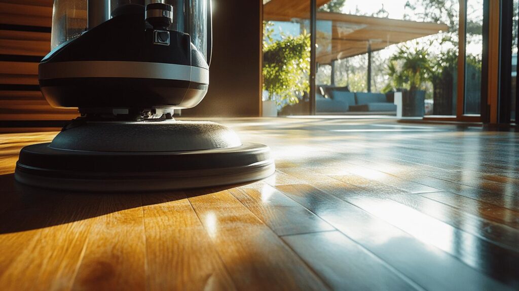 Close-up of floor polishing machine on hardwood flooring with sunlight streaming through windows