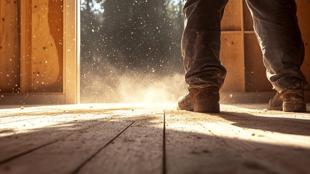 Close-up of work boots on wooden floor with sawdust particles illuminated by sunlight