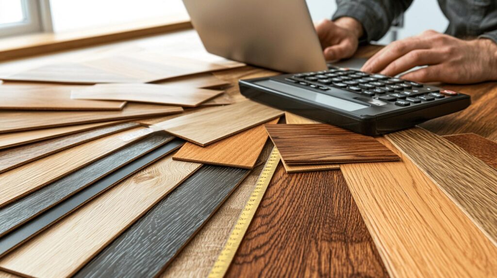 Wood flooring samples arranged in a fan pattern with calculator and laptop visible