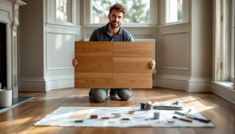 Man kneeling on a wooden floor holding a sample board of wooden floor panels, with wood stains and tools laid out in front.