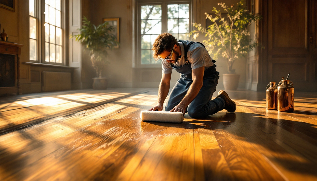 Craftsman applying finish to wooden floor with roller in sunlit period room