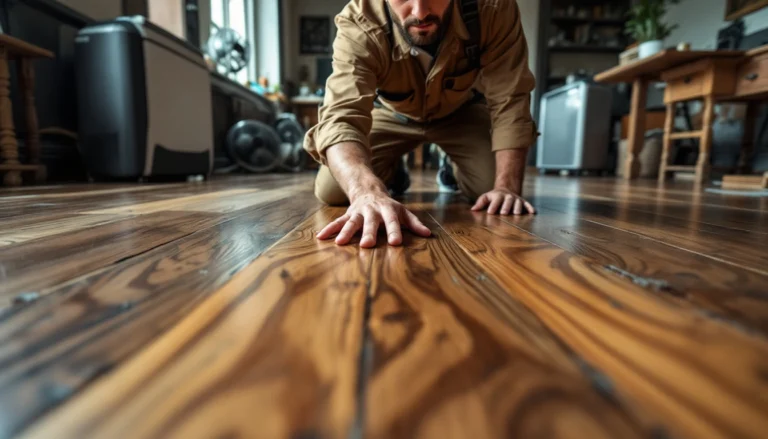 Craftsman closely inspecting wooden flooring grain pattern at floor level