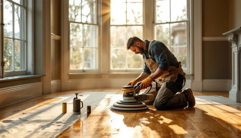 Craftsman using orbital floor sander on wooden floorboards in sunlit room