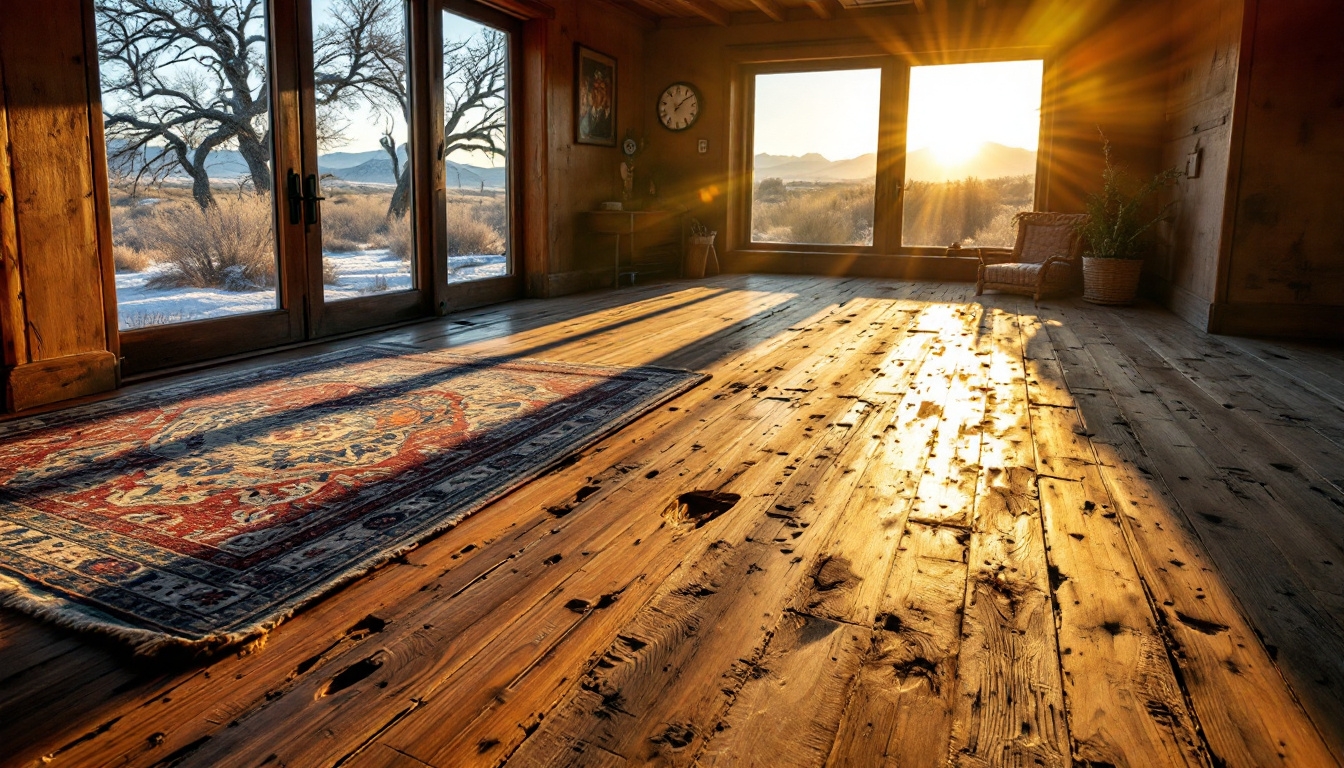 Sunlit wooden room with large windows overlooking a snowy landscape and mountains