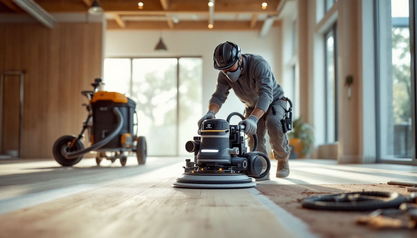 Professional using large floor sanding machine on wooden flooring in sunlit room