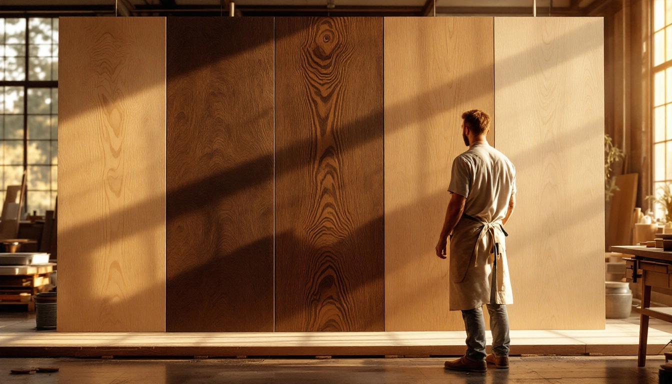 Craftsman examining large wood panels with contrasting finishes in golden sunlight