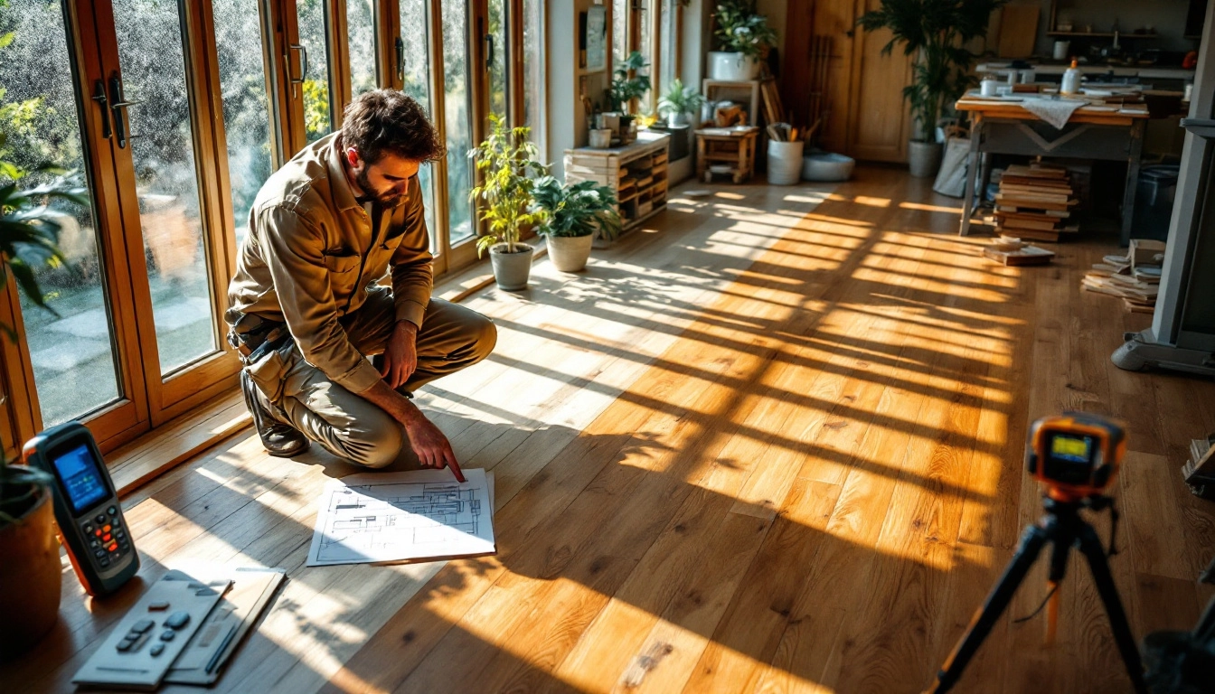 Craftsman reviewing floor plans with measuring equipment in sunlit room with wooden flooring