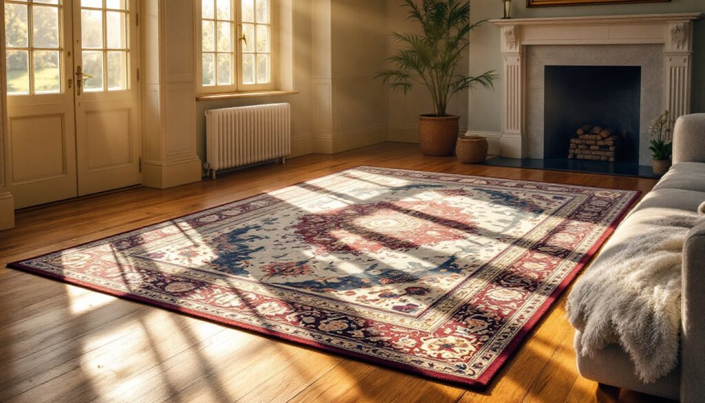 Sunlit living room with a patterned area rug, hardwood floors, a fireplace, and large windows