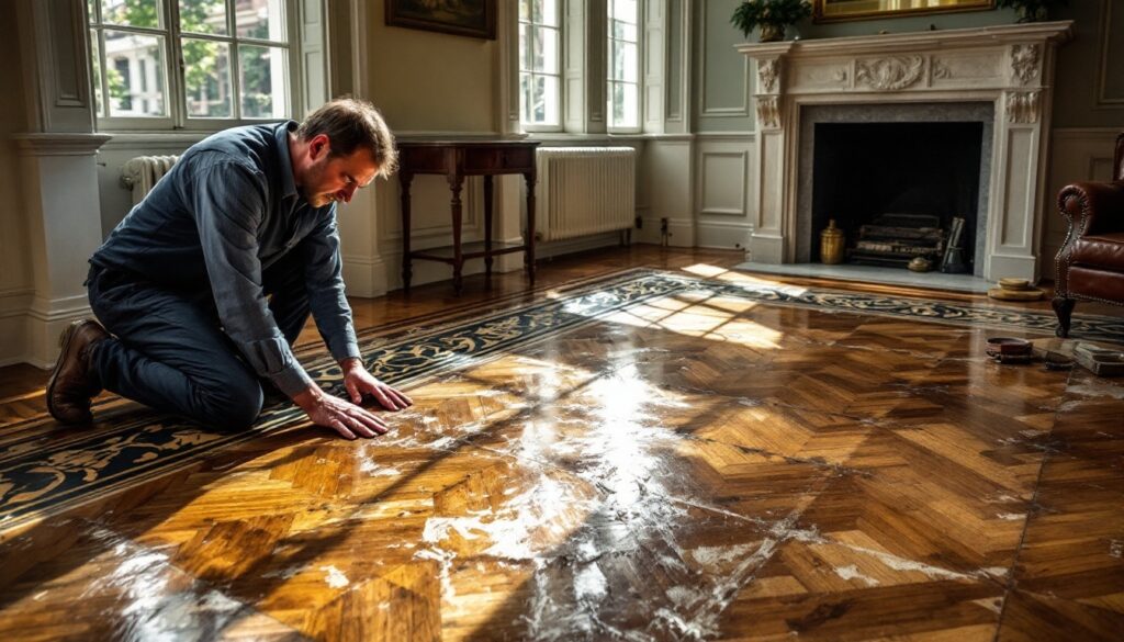 Man kneeling on a polished wooden parquet floor with polishing residue, in a classical room with large windows and a fireplace.