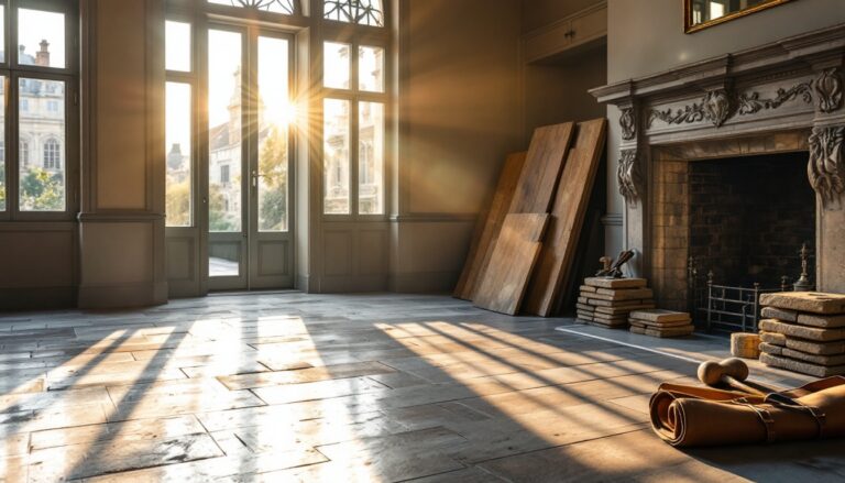 Sunlit empty room with large windows, wooden boards, and a decorative fireplace