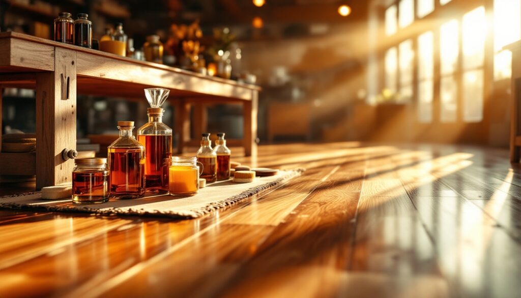 Various glass bottles of honey on a wooden table with sunlight streaming in