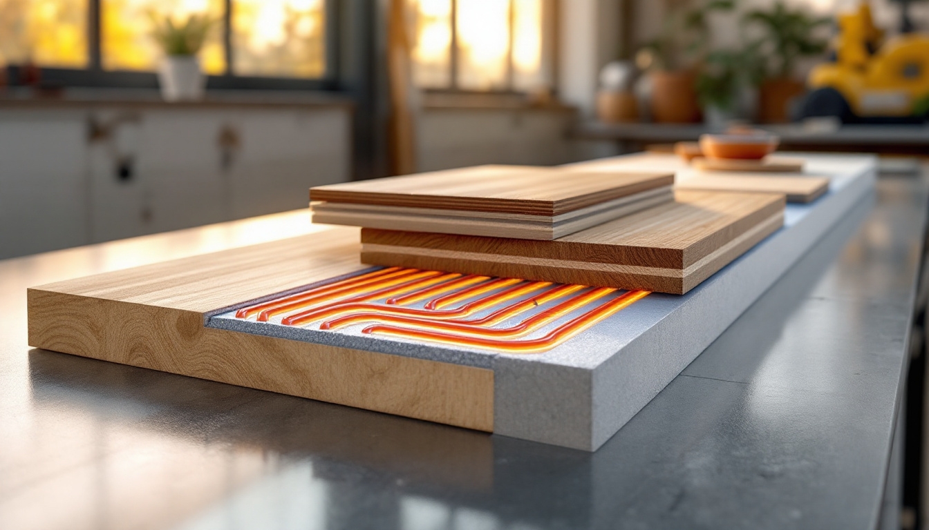 Close-up of layered wood flooring with visible underfloor heating system