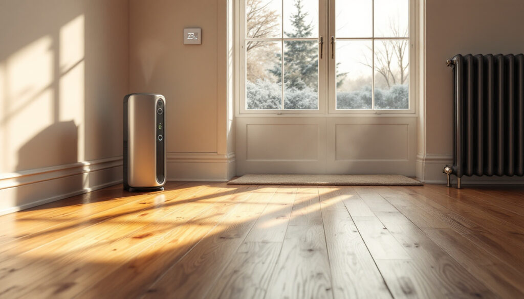 Modern air purifier in a bright room with wooden floors and large windows