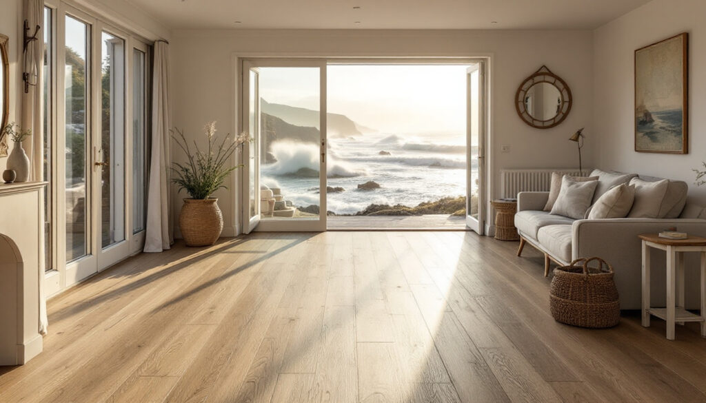 Coastal living room with ocean view through large glass doors