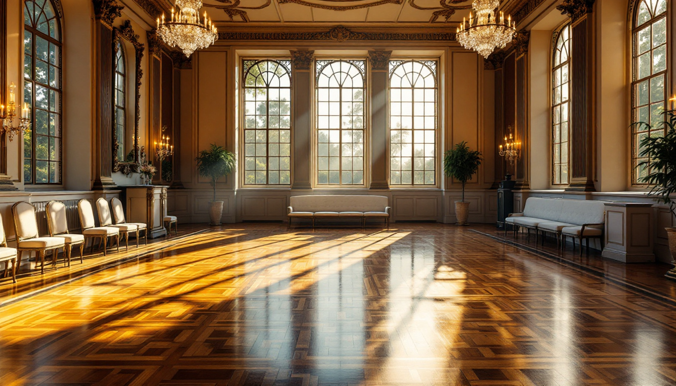 Elegant ballroom with large windows, chandeliers, and polished parquet floor