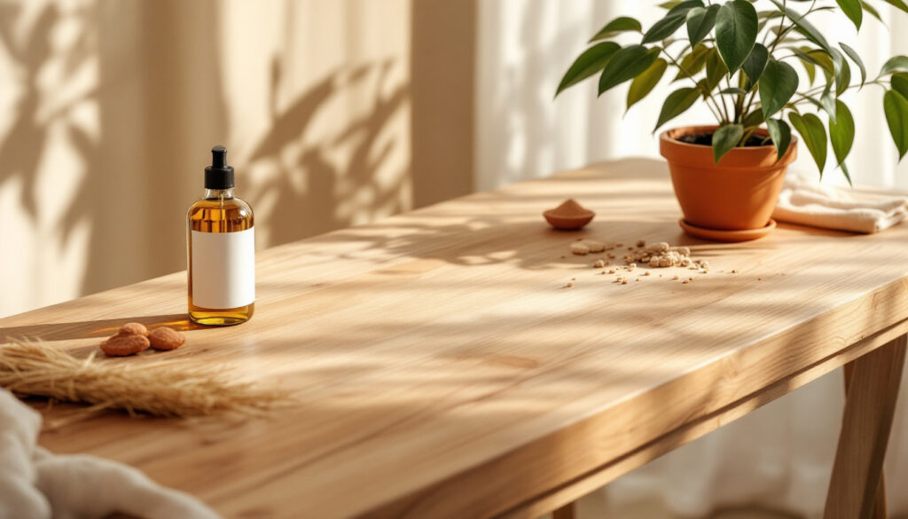 A glass bottle of oil on a wooden table with almonds and a potted plant