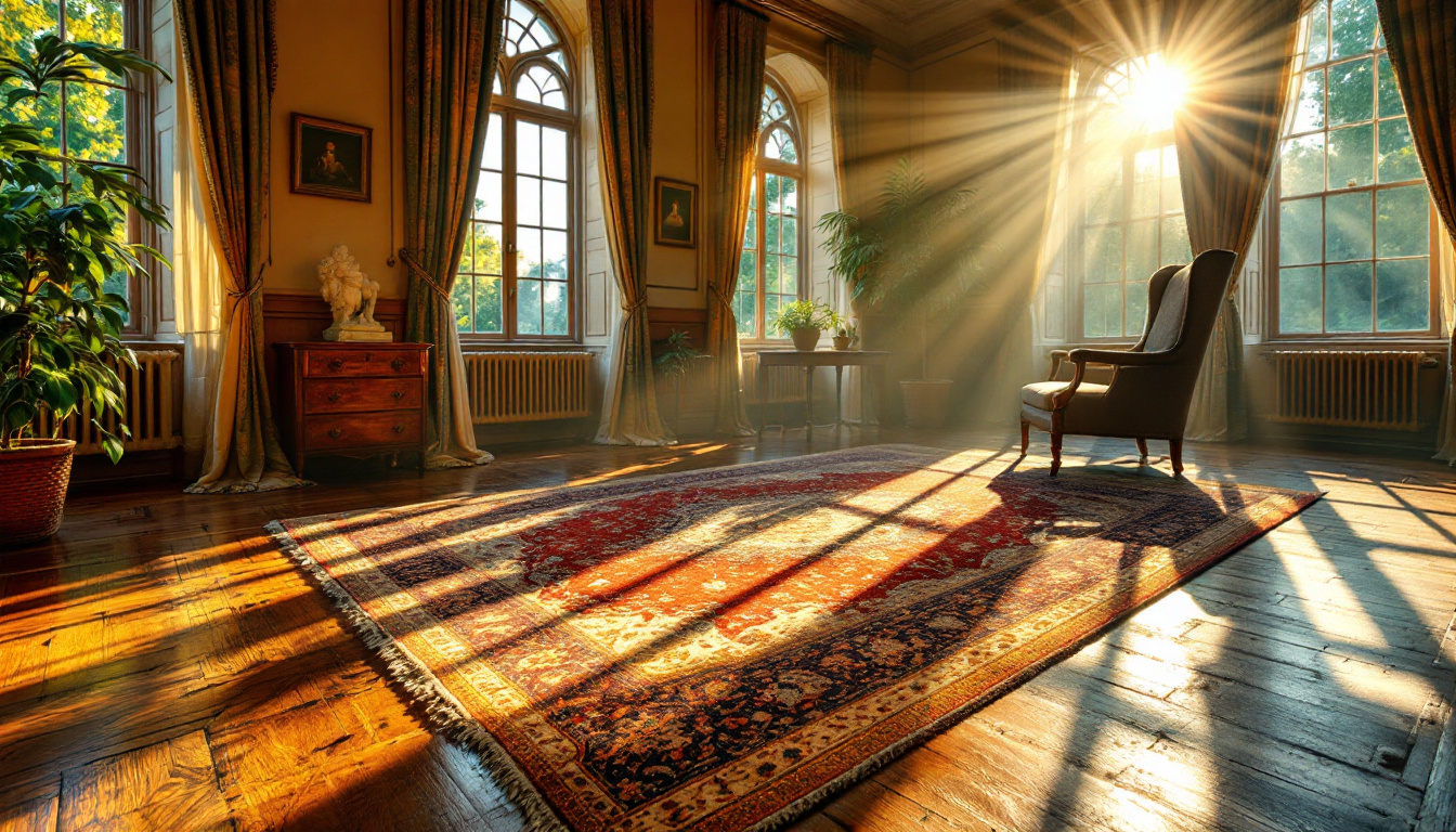 Sunlit room with antique furniture and ornate rug