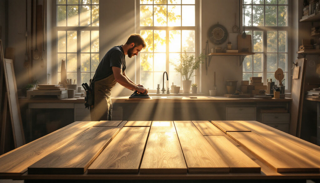 A craftsman sanding a wooden table in a sunlit workshop