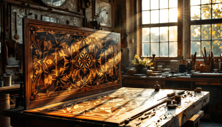 Sunlit woodworking studio with intricate marquetry design on table