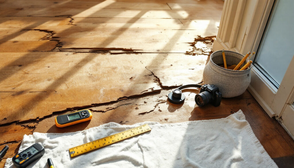 Warped wooden floor with water damage, surrounded by tools and a camera