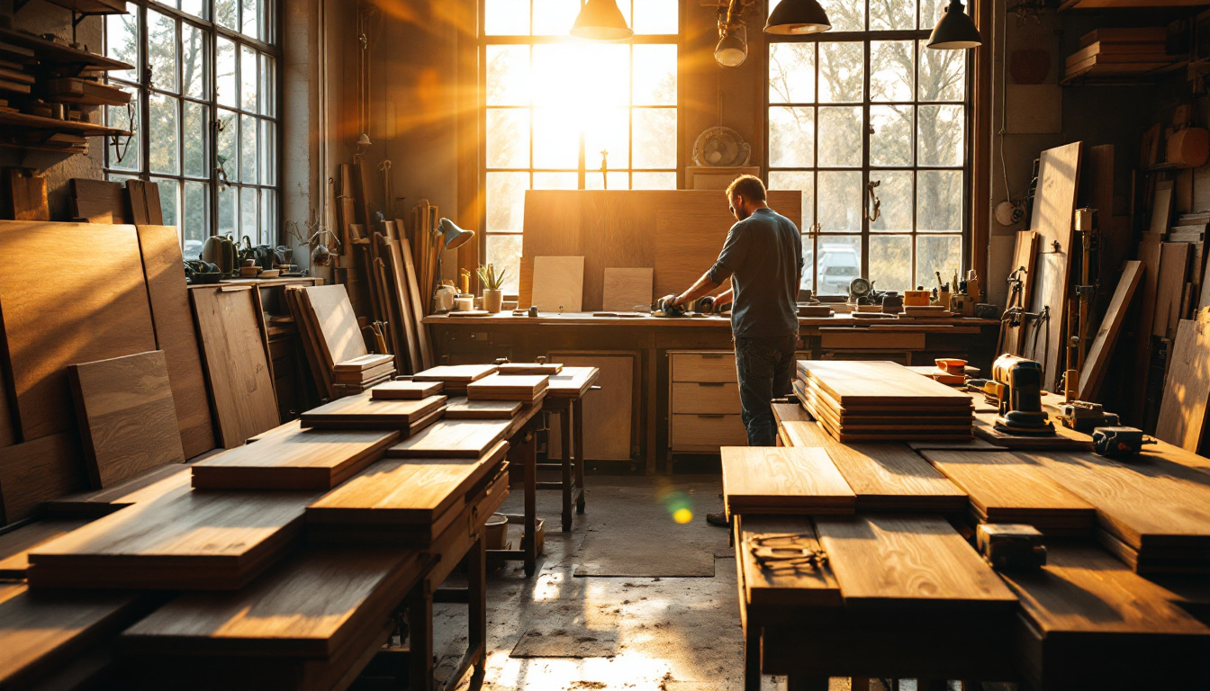 A person working in a sunlit woodworking shop surrounded by wooden boards