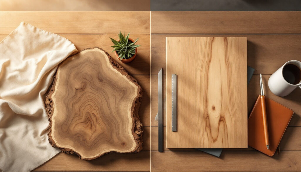 Side-by-side comparison of a rustic wooden slab and a polished wooden board with a plant, fabric, and office supplies.