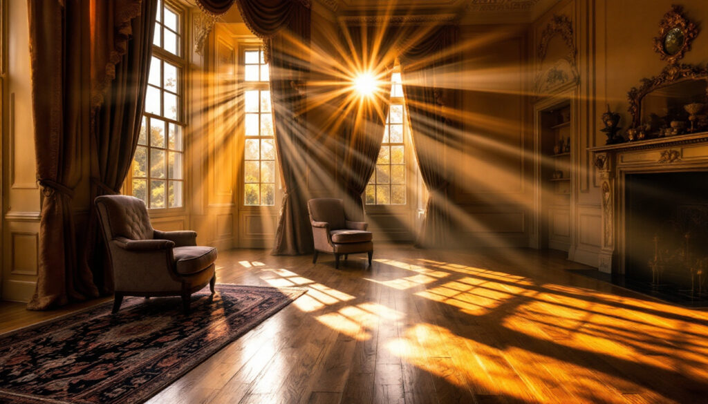 Sunlit vintage room with armchairs and ornate decor