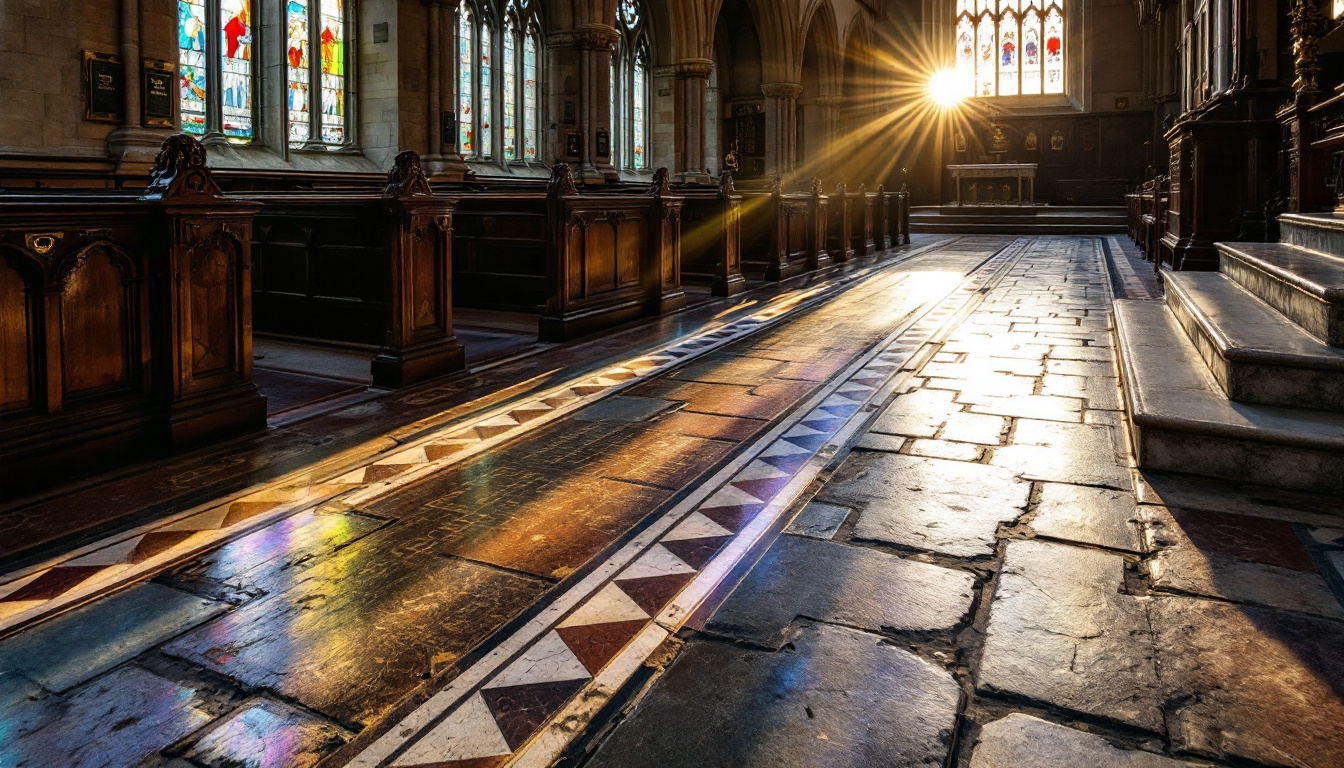 Sunlight streaming through stained glass windows of a church interior