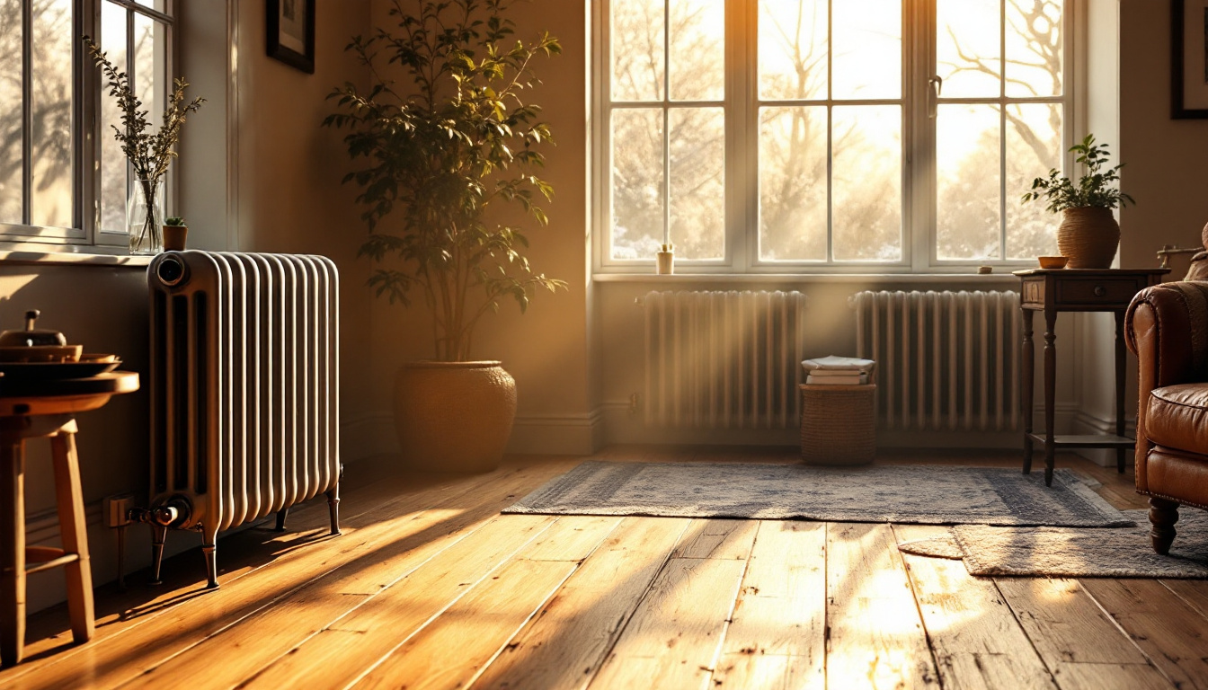 Cozy living room with sunlight streaming through large windows onto wooden floors and a vintage radiator