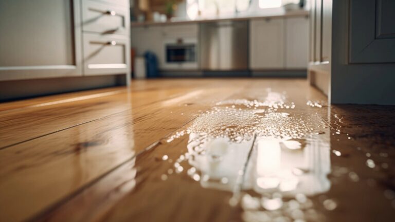 Close-up of a wet wooden kitchen floor with sunlight reflections
