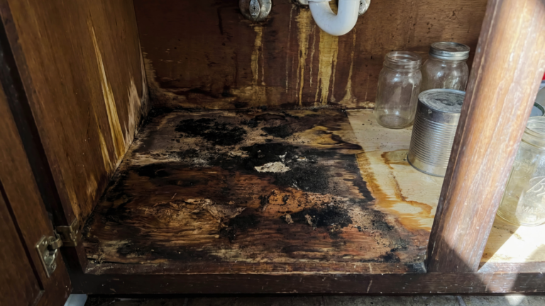 Under-sink cabinet with water damage and mold