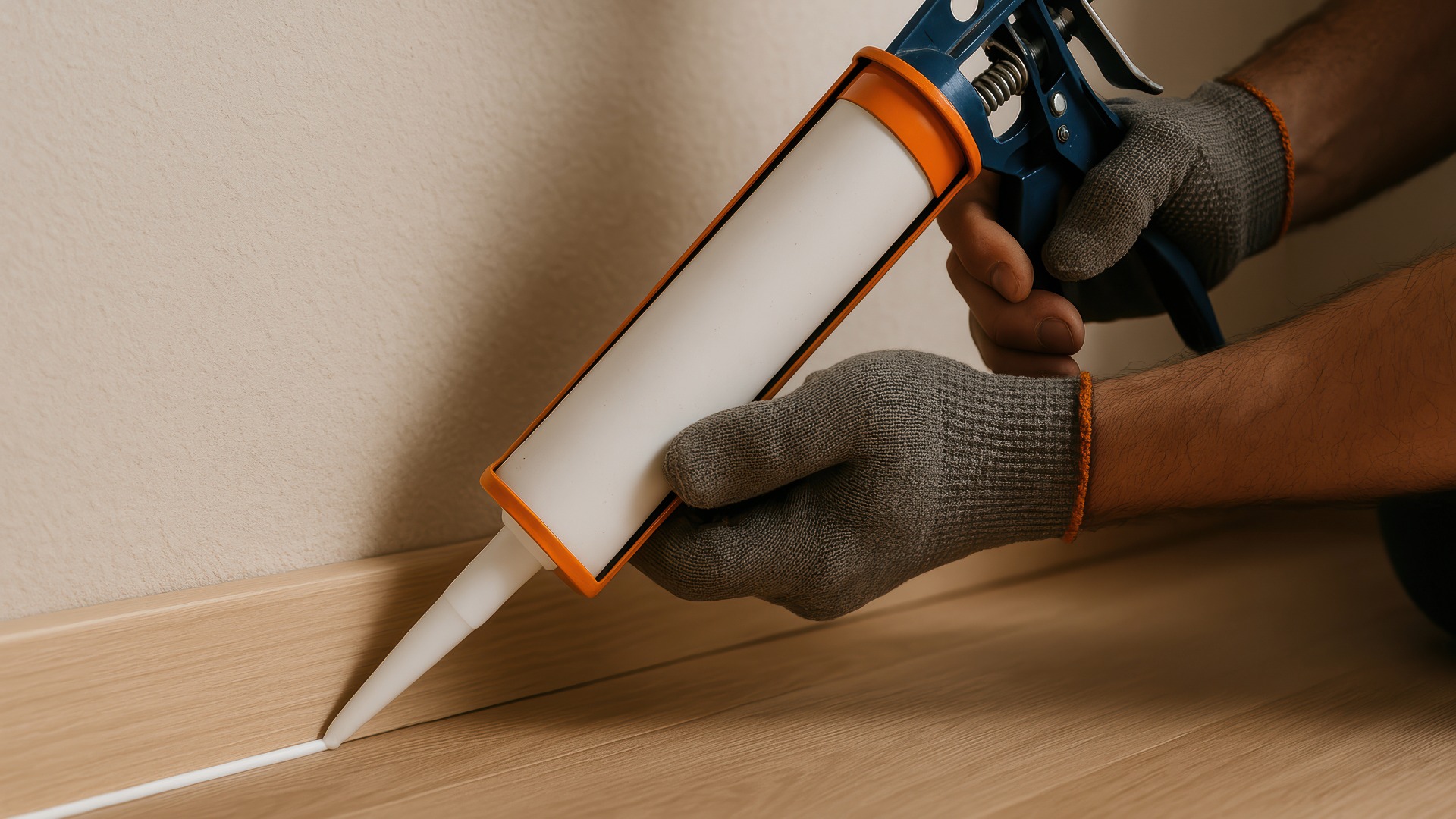 Hands wearing gloves applying sealant with a caulking gun at the edge of a wooden floor