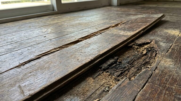 Close-up of damaged wooden floorboards with visible decay