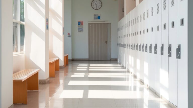 A sunlit hallway with white lockers and wooden benches