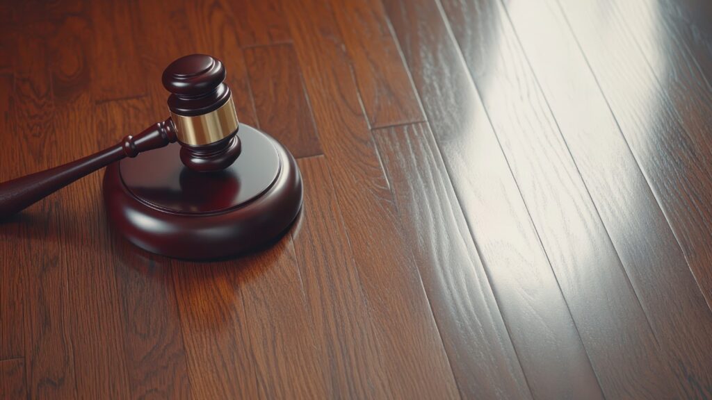 A judge's gavel resting on a polished wooden surface
