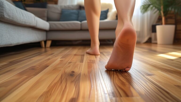 Bare feet walking on a polished wooden floor in a cozy living room