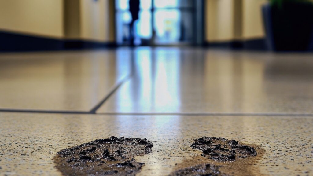Mud paw prints on a tiled hallway floor