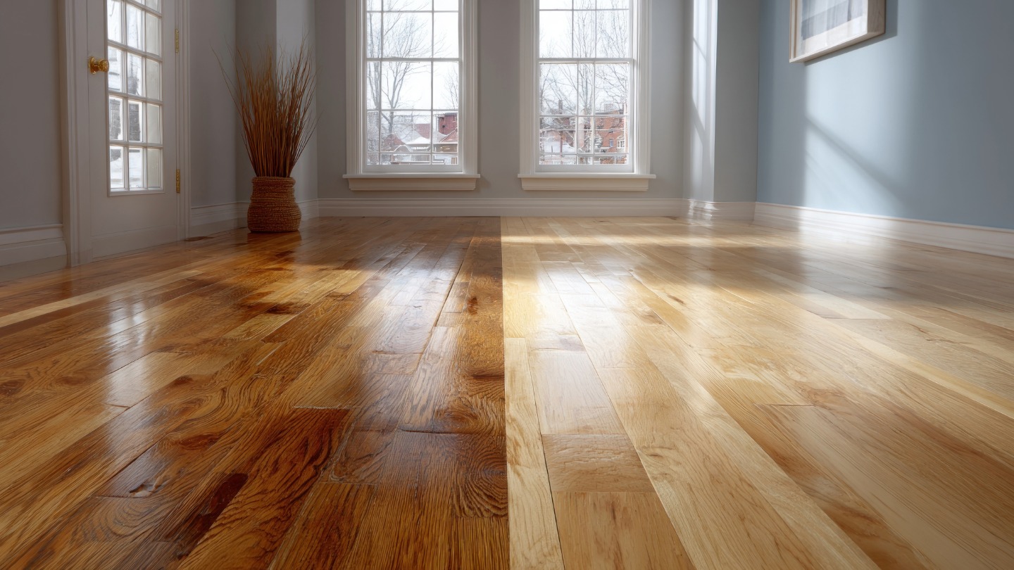 A sunlit room with polished hardwood floors and large windows